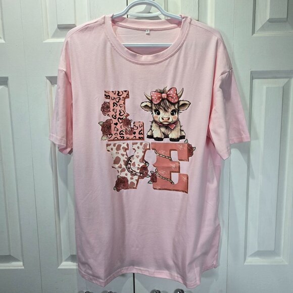 New Pink Love Cow Print Casual Oversized T-Shirt – Size Small - Picture 1 of 6